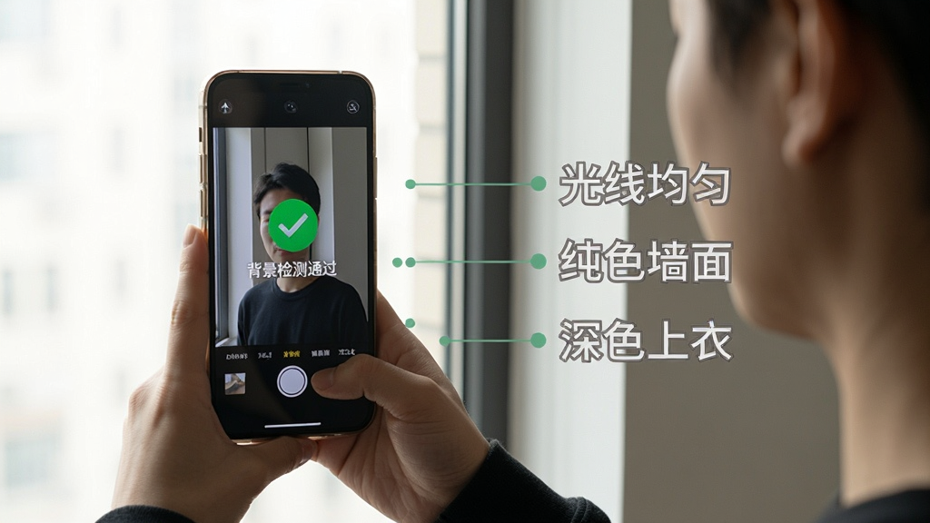 一张手机截图风格的示意图,画面显示一个人站在窗边顺光位置用手机拍照,手机屏幕上出现绿色对勾提示“背景检测通过”,旁边用文字标注“光线均匀”“纯色墙面”“深色上衣”三个要点,风格简洁明了,画质干净