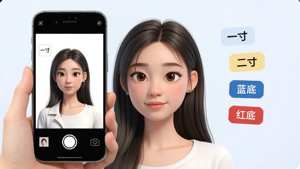 一张AI生成的示意图,画面中一部手机正对着一位年轻女性拍摄,手机屏幕里显示她已经被抠好图并换上了白色背景,屏幕旁边漂浮着“一寸”“二寸”“蓝底”“红底”几个小标签,风格清新明亮,细节干净,画质清晰