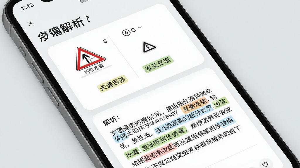 一张展示题目解析页面的手机截图样机,屏幕中显示一道关于交通标志的选择题,下方有详细的文字解析段落,关键信息用不同颜色标注,整体排版清晰易读,风格为现代卡片式设计,画质干净,背景为浅灰色