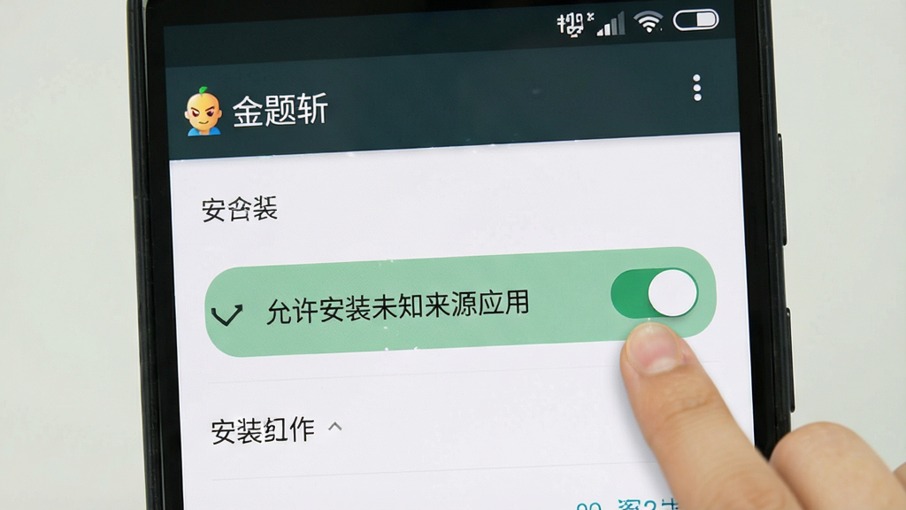 一张手机应用操作示意图,画面展示“金题斩”应用在安卓手机上的安装权限设置界面,屏幕中央有“允许安装未知来源应用”的开关按钮,旁边有手指点击示意,界面配色为系统设置风格,背景简洁,画质清晰,无多余元素