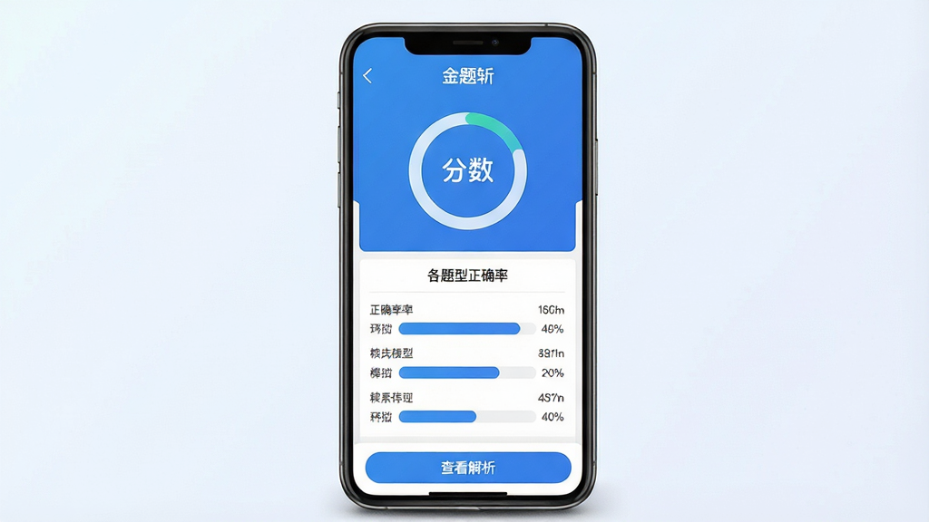 一张应用功能展示图,画面中央是“金题斩”应用界面截图,显示模拟考试结果页面,顶部有分数环形图,下方列出各题型正确率柱状条,底部有“查看解析”按钮,整体布局清晰,配色蓝白相间,背景为浅色渐变,风格扁平化,画质干净,无多余元素