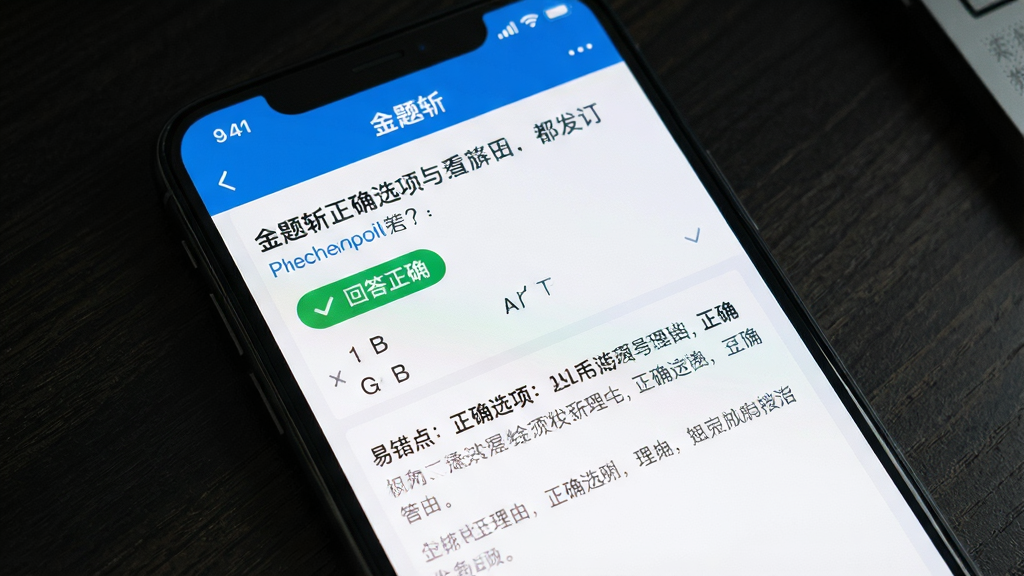 一张手机屏幕特写图,画面中“金题斩”应用正显示一道选择题的解析页面,题目下方有绿色“回答正确”标识,解析区域用分段文字说明正确选项理由和易错点,界面配色为白底蓝字,排版整齐,背景为深色桌面,风格简洁现代,画质干净,无多余元素