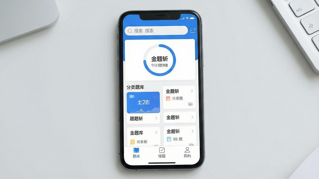 一张手机应用界面展示图,画面中央是手机屏幕,屏幕内显示“金题斩”应用主界面,顶部有搜索框和今日刷题进度环,中间是分类题库卡片列表,底部为“题库”“错题”“我的”三个导航标签,整体风格清爽扁平,配色以蓝白为主,背景为浅灰色桌面环境,细节干净,画质清晰,无多余元素