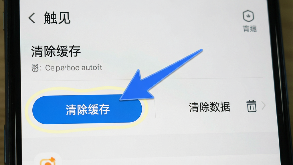 一张手机屏幕截图,展示“触见”的应用信息页面,页面上有“清除缓存”和“清除数据”两个按钮,其中“清除缓存”按钮被高亮标注,旁边有一个蓝色的箭头指向它,背景是系统设置界面,风格写实,画质清晰