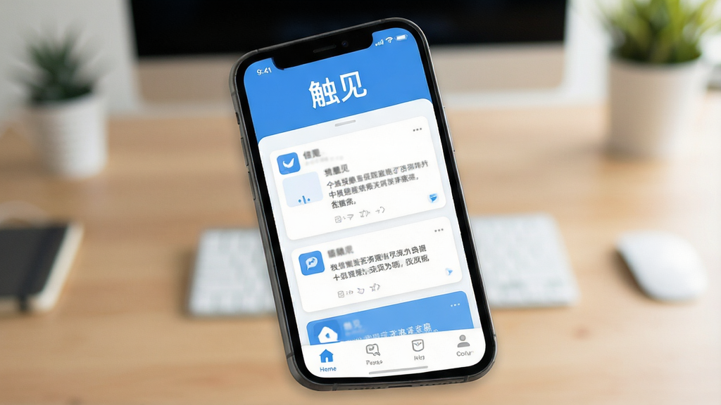 一张手机屏幕特写,屏幕中显示“触见”应用的主界面,界面设计简洁现代,以蓝白色调为主,顶部有“触见”文字logo,中间是信息流卡片,底部有导航栏,背景是模糊的桌面环境,风格清新扁平,画质干净清晰,无多余元素
