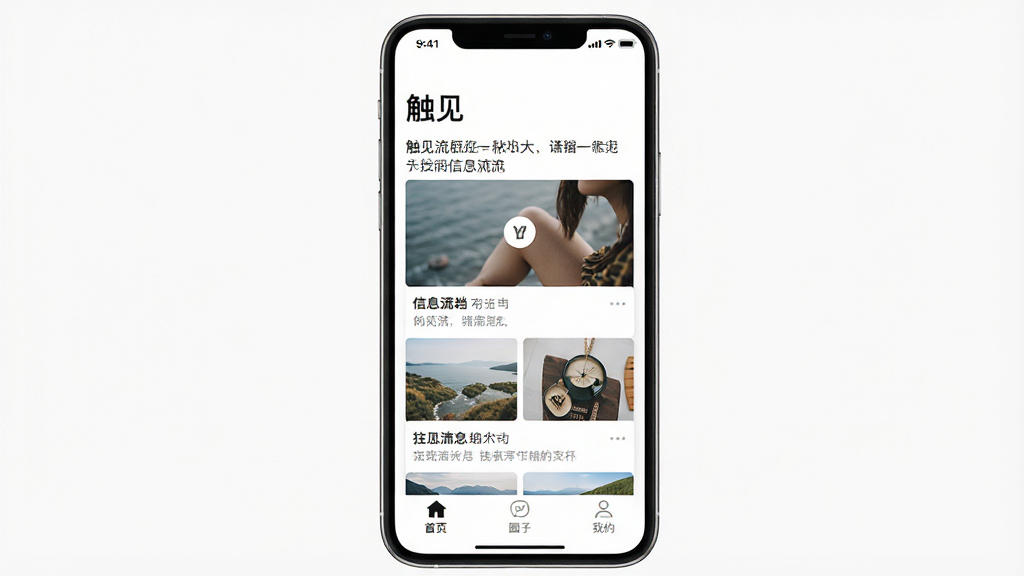 一张手机界面截图,展示“触见”的信息流页面,页面干净整洁,只有文字和图片内容卡片,没有任何广告横幅或弹窗,顶部状态栏显示时间,底部有“首页”“圈子”“我的”三个简洁图标,背景为纯白色,风格极简,画质清晰干净