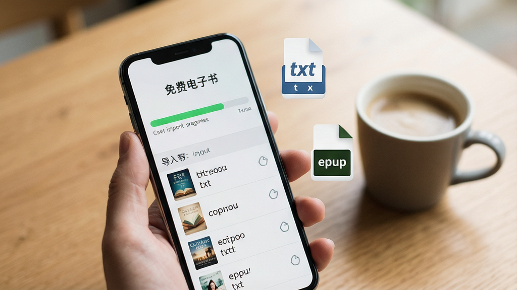 һ��չʾ����ѵ����顱���ص��빦�ܵ�ͼƬ��������һֻ�������ֻ����ֻ���Ļ����ʾ���ļ�����Ľ��������ѵ����鼮�б����Ա�Ư����txt��epub��ʽ��ͼ�꣬������ľ�������һ�����ȣ������������ּ�࣬������͸ɾ����޶���Ԫ��