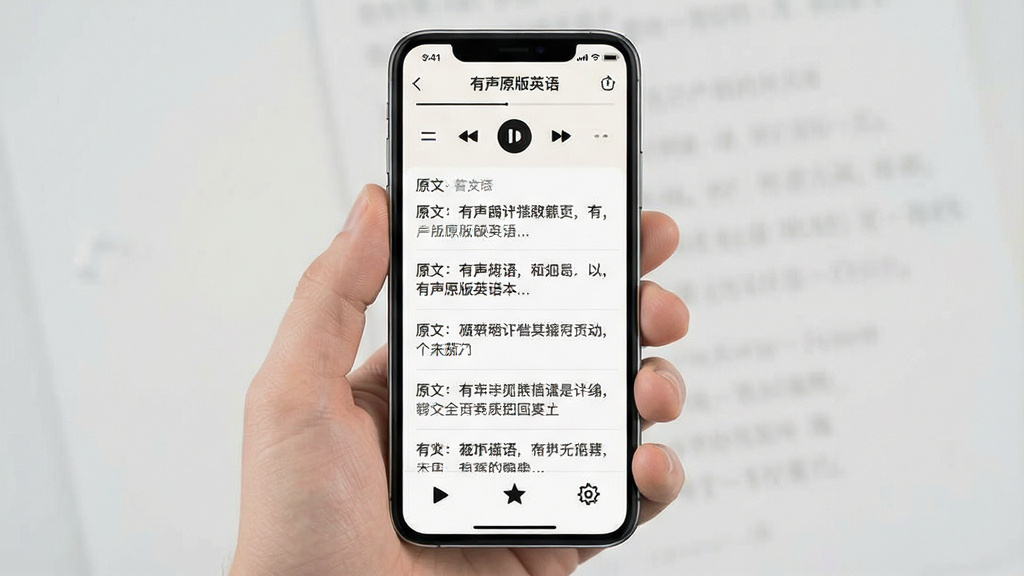 一张展示手机应用界面的图片,画面中央是一台竖屏手机,屏幕里显示着名为“有声原版英语”的App主界面,顶部是播放控制栏,中间是原文与译文对照的文本列表,底部有播放、收藏、设置等图标按钮,整体布局简洁,以浅色背景配深色文字,风格清爽现代,细节清晰,画质干净,无多余元素