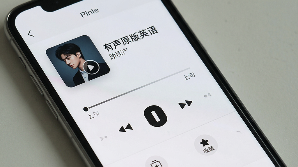 一张展示手机音乐播放器界面的图片,画面中手机屏幕显示“有声原版英语”的播放页,顶部有音频封面和标题,中间是进度条与上一句、下一句切换按钮,底部有缓存与收藏图标,界面以浅灰和白色为主,风格干净简洁,画质清晰,无多余装饰