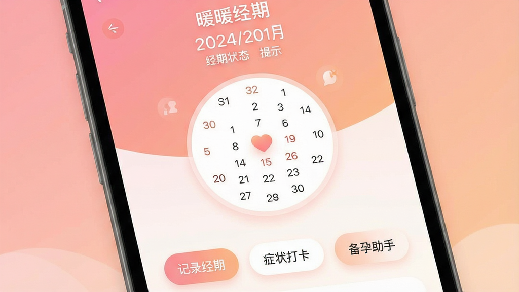 һ���ֻ�Ӧ�ý���չʾͼ��������������Ϊ��ůů���ڡ���APP�����棬��ɫ��Ϊ��͵ķ۳�ɫ���䣬������ʾ��ǰ���ں;���״̬��ʾ���м���һ������Բ������������·������š���¼���ڡ���֢״�򿨡����������֡�����Բ�ǹ��ܰ�ť����������ܰ���£���ƽ����ƣ�ϸ��Բ�󣬻��ʸɾ��������޶���װ��Ԫ��