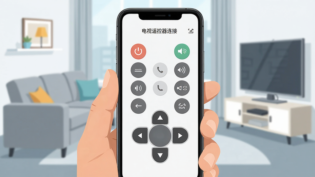 一张展示“电视遥控器连接”软件核心界面的手机样机图,主体是一部手持智能手机,屏幕上显示简洁的虚拟遥控器面板,包含电源、音量、频道、方向键等按钮,布局清晰,背景是客厅环境,有沙发和电视,风格现代扁平化,画质干净明亮,无多余装饰元素