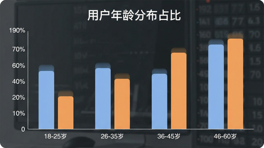 一张展示Savana背单词听力阅读软件用户年龄分布的柱状图,横轴标注18-25岁、26-35岁、36-45岁、46-60岁四个年龄段,纵轴为用户占比百分比,柱体为柔和的蓝色和橙色,图表上方有标题“用户年龄分布占比”,风格简洁数据可视化,画质干净清晰