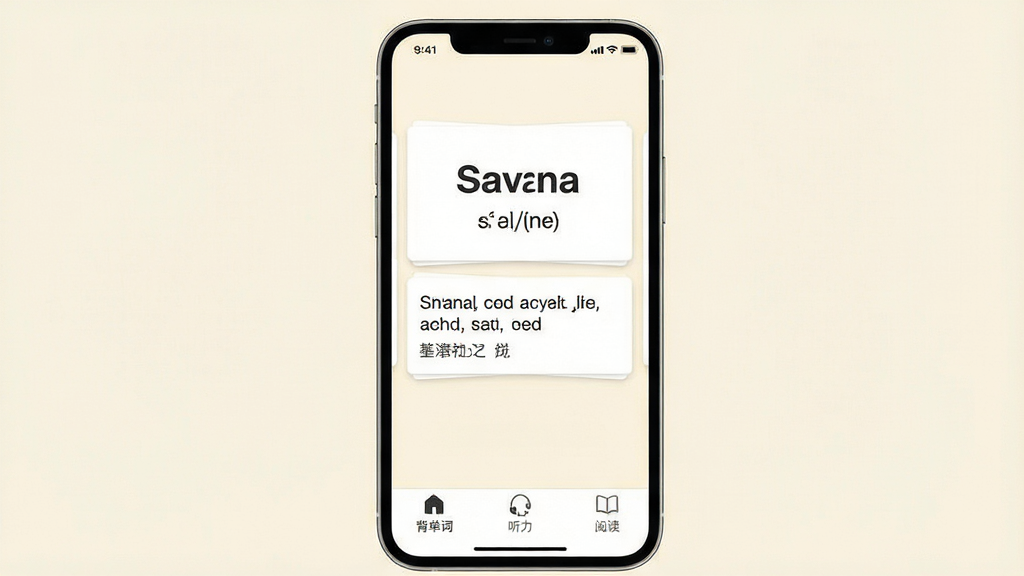 一张展示Savana背单词听力阅读软件核心界面的手机屏幕截图,画面中央是简洁的单词卡片学习界面,上方显示英文单词和音标,下方有例句和中文释义,底部导航栏清晰标注背单词、听力、阅读三个入口,背景为柔和的米白色,风格极简清爽,画质干净无多余元素