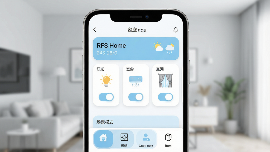 一张展示RFS Home应用主界面的手机样机图,画面中央是手机屏幕,屏幕上显示RFS Home的首页布局,顶部是家庭名称和天气信息,中间是常用设备卡片如灯光、空调、窗帘的开关状态,底部是场景模式和房间切换栏,界面以白色和浅蓝色为主色调,图标圆润简洁,背景是浅灰色家居环境虚化,风格现代清爽,细节清晰,画质干净无多余元素
