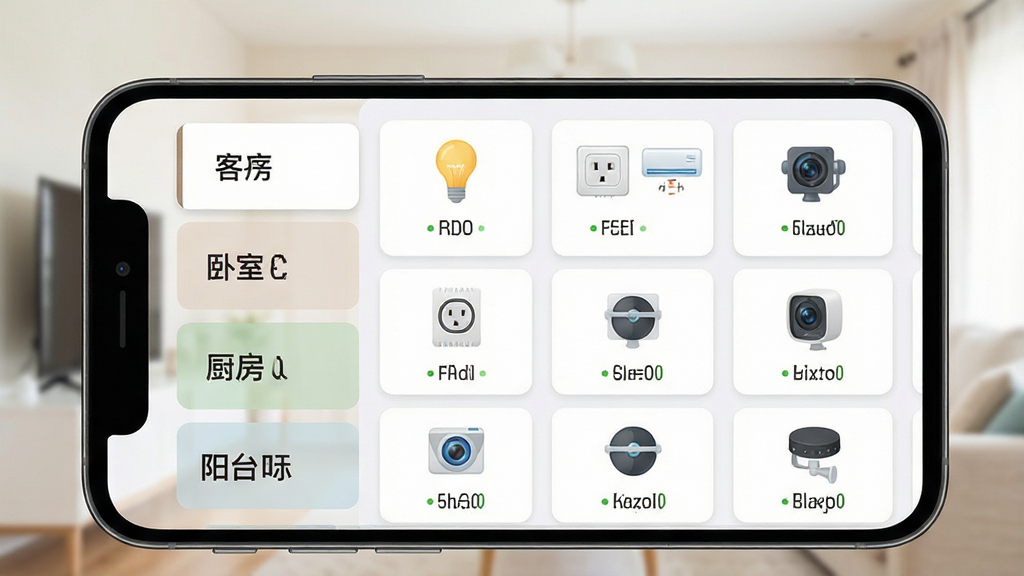 一张展示RFS Home设备管理界面的手机截图风格图片,画面中手机屏幕显示房间分类列表,左侧是客厅、卧室、厨房、阳台的标签栏,右侧是每个房间下的设备图标网格,包括灯泡、插座、空调、摄像头等,图标下方标注设备名称和在线状态,界面以卡片式布局呈现,背景为浅色家居场景虚化,风格简洁明快,细节清晰,画质干净无多余元素