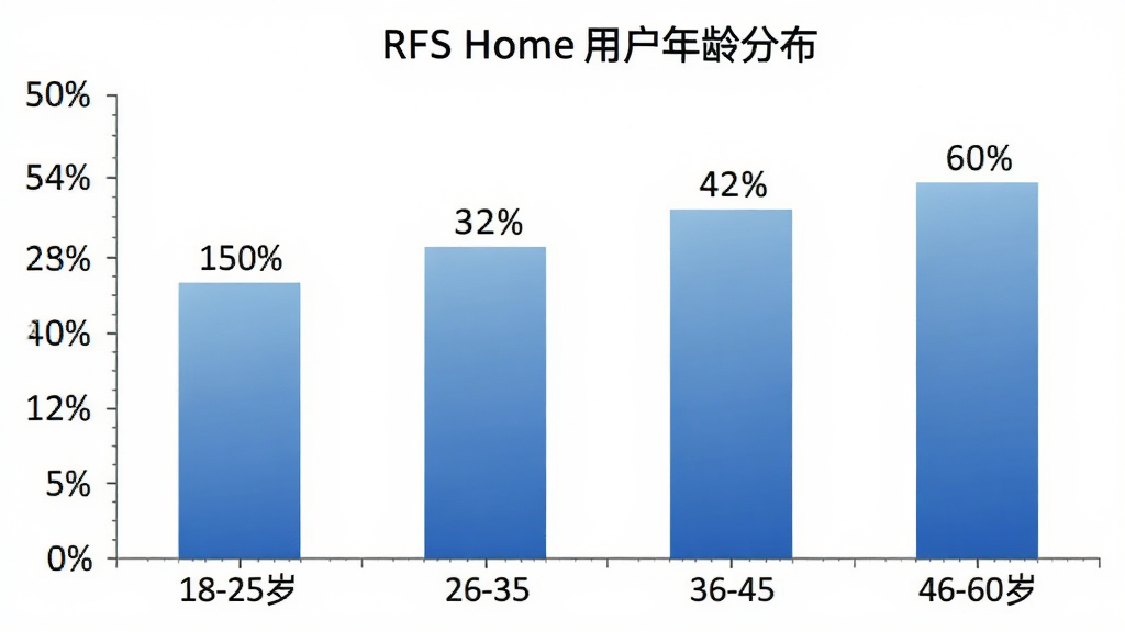 一张展示RFS Home用户年龄分布的柱状图,横轴为年龄段18-25岁、26-35岁、36-45岁、46-60岁,纵轴为用户占比百分比,柱状图颜色以蓝色渐变呈现,每个柱子上方标注具体百分比数值,图表标题为RFS Home用户年龄分布,背景白色干净,图表风格简洁专业,画质清晰无多余元素
