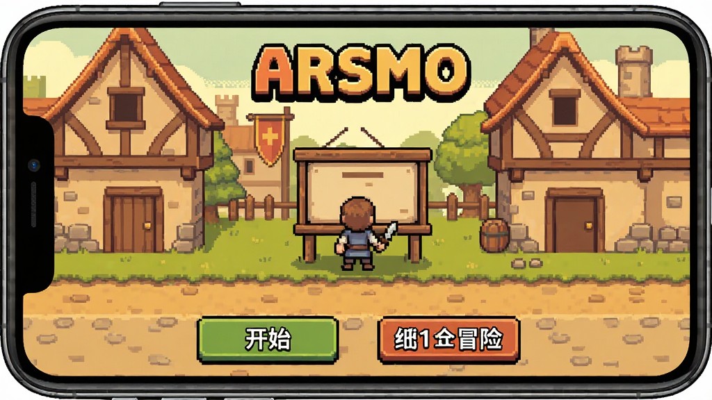 一张手机屏幕展示ARSMO游戏主界面,画面中央是像素风格的中世纪小镇场景,有角色站在告示板前,顶部显示游戏标题ARSMO,底部有开始游戏和继续冒险两个按钮,整体色调温暖复古,画质干净清晰无多余元素