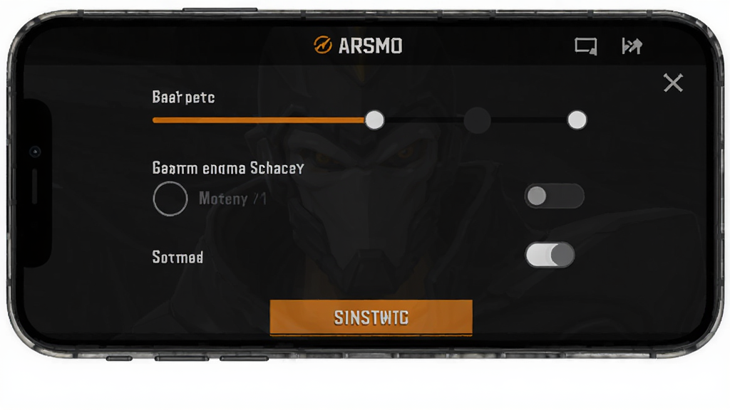 ARSMO游戏设置界面示意图,画面展示手机屏幕上的游戏设置菜单,包含画质调节滑块、战斗动画速度选项、音效开关和存档管理按钮,界面为深色主题配橙色高亮,布局整齐,画质干净无多余元素