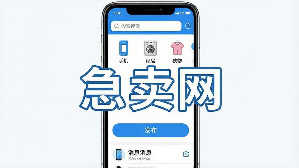 一张展示“急卖网”应用主界面的手机截图,画面中央是醒目的“急卖网”三个字,界面布局简洁,顶部有搜索栏,中间是分类图标如手机、家电、衣物等,底部是发布按钮和消息列表,整体风格清爽明快,以蓝白色调为主,背景干净,画质清晰,无多余装饰元素