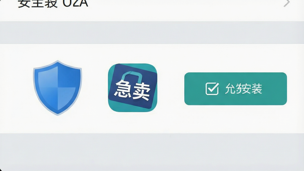 一张展示手机安全设置界面的示意图,画面中有一个盾牌图标和“急卖网”应用图标,旁边有勾选允许安装的按钮,背景是浅灰色的设置菜单风格,画质清晰简洁,无多余文字