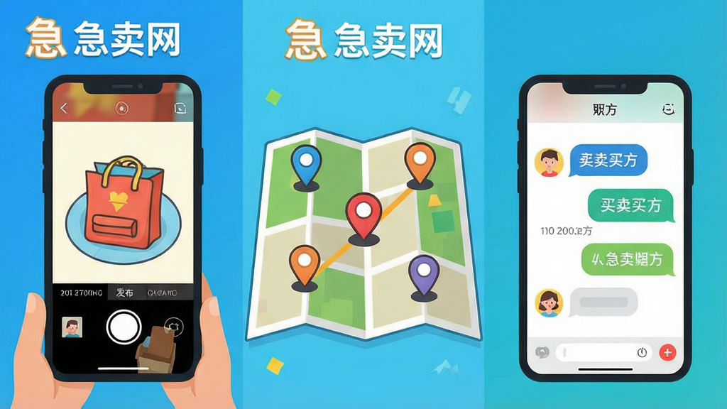 一张展示“急卖网”功能特色的示意图,画面分为三个部分,左边是手机拍照发布物品的场景,中间是地图上显示附近买家位置的图标,右边是买卖双方聊天气泡的界面,整体风格扁平化卡通,色彩明亮活泼,带有“急卖网”标识,画质干净整洁