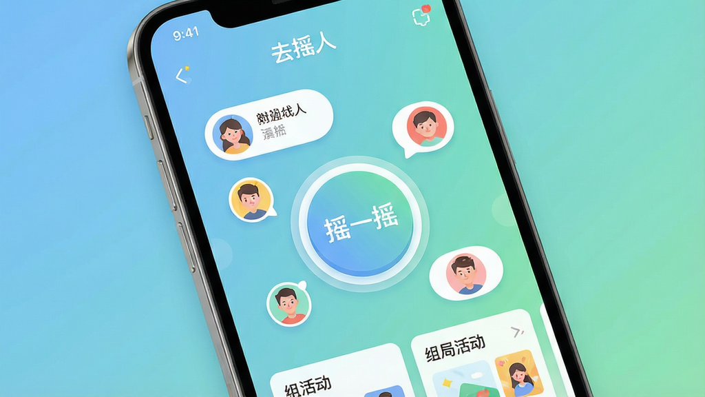 一张手机应用界面展示图,主体是一部现代智能手机,屏幕上显示“去摇人”APP的主界面,布局中心为一个大大的圆形“摇一摇”按钮,周围环绕着附近用户头像气泡和组局活动卡片,排版清晰有层次,风格为轻松活泼的扁平化设计,细节包括柔和的蓝绿渐变背景、圆润的图标和清晰的文字标签,画质干净细腻,无多余元素