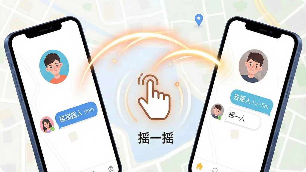 一张展示“去摇人”APP摇一摇匹配功能的场景图,主体是两部手机屏幕相对,中间用动态的弧线光效连接,屏幕内分别显示不同用户的头像和打招呼气泡,布局左右对称,排版突出中间的“摇一摇”手势图标,风格为动感活力的插画风,细节包括光晕拖尾和附近地图的浅色底纹,画质明亮干净,无多余元素