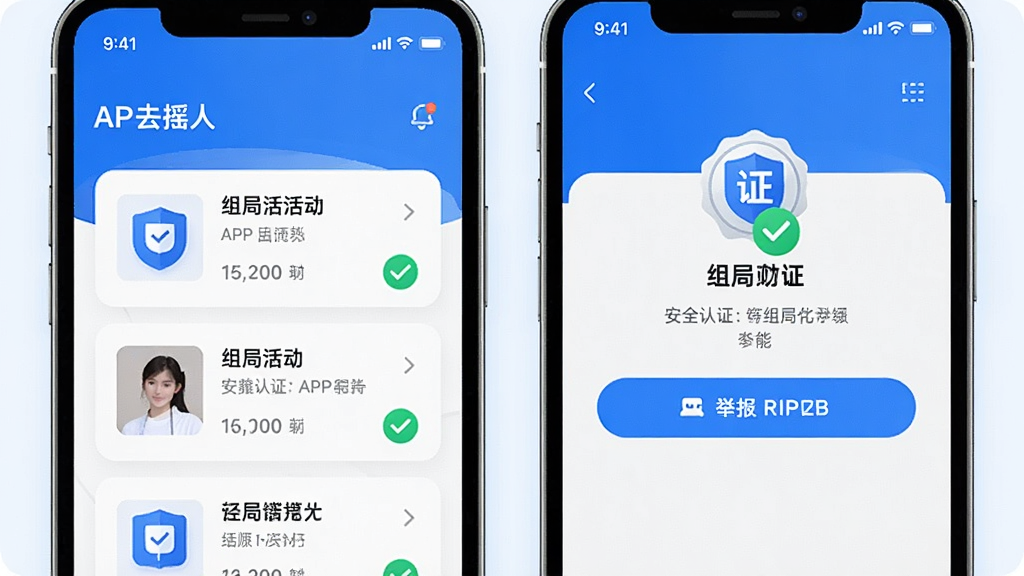 一张表现“去摇人”APP安全认证与组局功能的示意图,主体是一个手机界面特写,屏幕上同时展示组局活动卡片列表和用户资料页上的认证徽章,布局为上下分层,排版突出认证标识和举报按钮,风格为清爽的科技蓝白配色,细节包括盾牌图标和勾选标记,画质清晰锐利,无多余元素