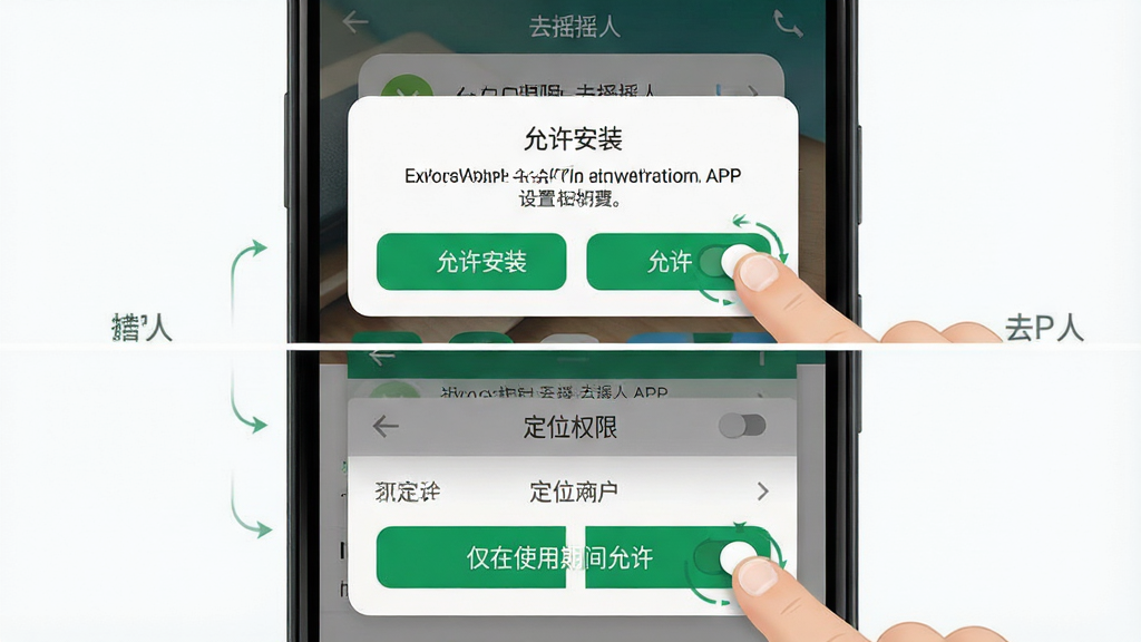 一张展示安卓手机安装“去摇人”APP过程的示意图,主体是手机屏幕特写,画面中显示安装权限设置弹窗和定位权限选择界面,布局为上下两层信息展示,排版突出“允许安装”和“仅在使用期间允许”两个按钮,风格为清晰直观的UI说明图,细节包括手指点击动作和权限开关图标,画质干净明亮,无多余元素