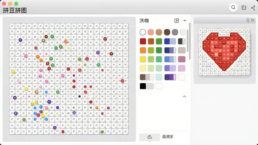 一张展示“拼豆拼图”软件创作界面的图片,屏幕左侧是空白网格拼豆板,上面散落着几颗彩色圆点,右侧是调色盘和实时预览小窗口,窗口里显示一个正在成形的爱心图案,界面风格简洁现代,画质清晰