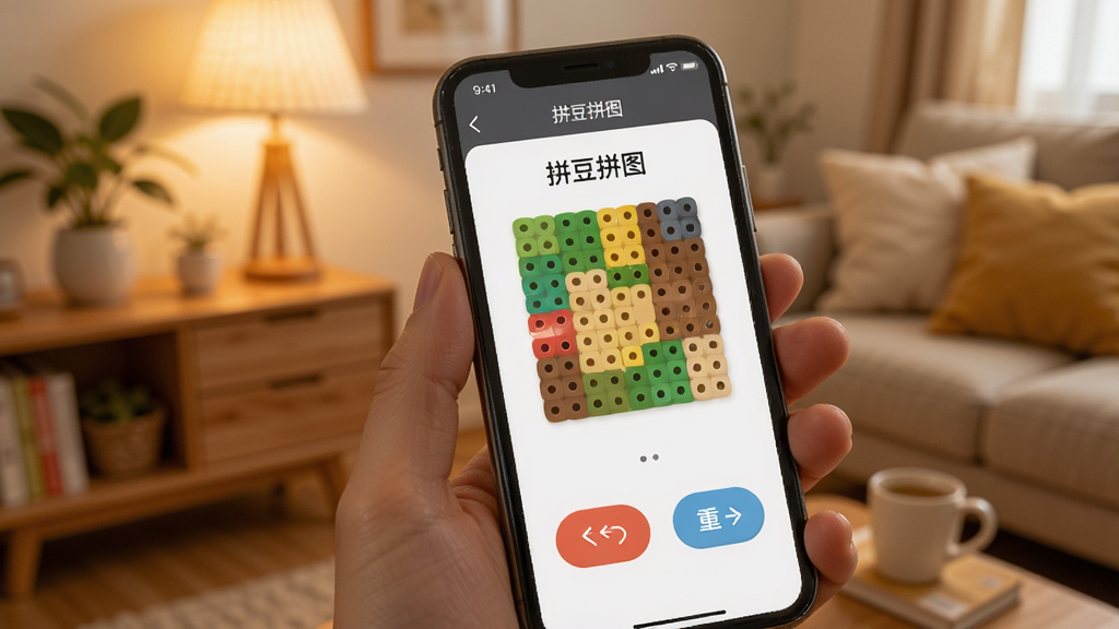 一张展示手机操作场景的图片,一只手拿着手机,屏幕上显示“拼豆拼图”的拼豆板界面,旁边有撤销和重做按钮的特写,背景是温馨的室内环境,风格生活化,画质清晰