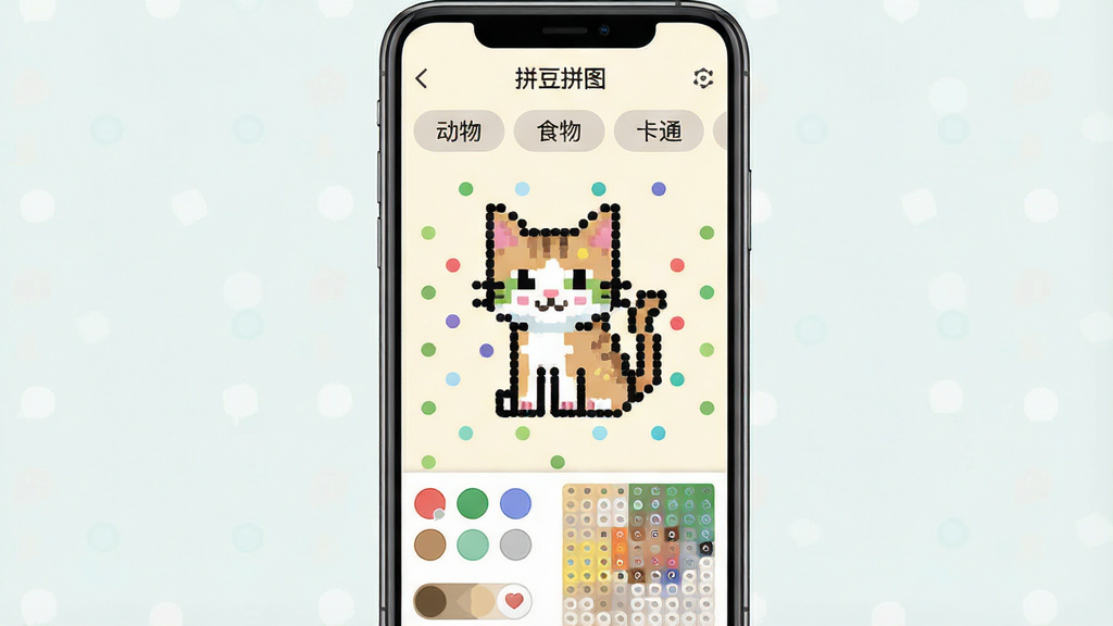 一张展示手机屏幕的图片,屏幕中央是“拼豆拼图”软件的主界面,界面采用浅色背景,上方显示分类标签如动物、食物、卡通,中间是一个由彩色圆点组成的像素风小猫图案,下方是调色板和拼豆板操作区,画面风格清新扁平,细节干净,画质清晰无多余元素