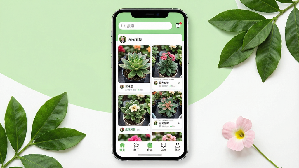 һ��չʾ԰��ȦӦ�����������ֻ���ͼ�������������ֻ���Ļ����Ļ����ʾ԰��ȦAPP��ҳ�����������������Ϣͼ�꣬�м��ǻ��ѷ�����ֲ����Ƭ�ٲ������ײ�����ҳ��Ȧ�ӡ���������Ϣ���ҵ����������ǩ��������ǳ��ɫ�Ͱ�ɫ��������·���ֻ���Χ��׺��Ƭ��Ҷ��һ��С����������ɾ���ˬ�������������޶���Ԫ��
