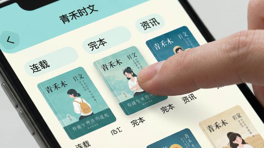 手机应用界面特写,展示“青禾时文”的书架管理页面,屏幕上多个书籍封面按“连载”“完本”“资讯”分组排列,手指正在长按拖动一本书的封面,界面以浅青色和米白色为主,风格扁平清爽,细节干净无杂乱图标,画质明亮