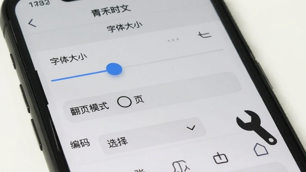 手机屏幕显示“青禾时文”的阅读设置面板,上面有字体大小滑块、翻页模式选项和编码选择下拉菜单,旁边配有一个扳手图标表示故障排查,风格简洁实用,画质干净