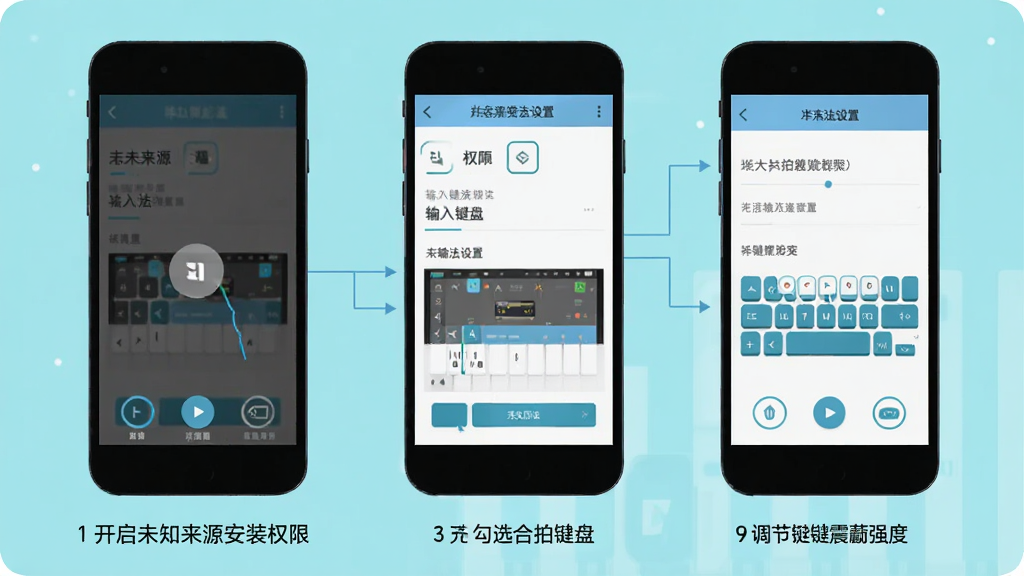 合拍键盘安装设置步骤示意图,画面分为三个并排的手机屏幕,从左到右分别展示开启未知来源安装权限、在输入法设置中勾选合拍键盘、调节按键震动强度的操作界面,每个屏幕下方配有简洁的步骤序号,风格为扁平化信息图,配色清爽,画质干净无杂乱