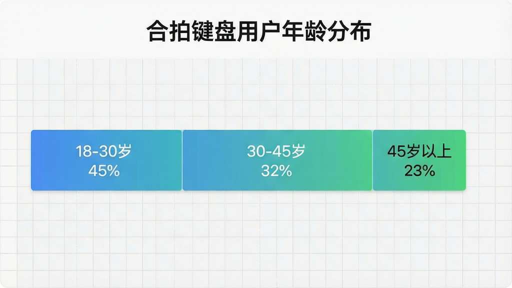 合拍键盘用户年龄分布柱状图,画面中一根横向柱状图分为三段,分别标注“18-30岁 45%”“30-45岁 32%”“45岁以上 23%”,柱子采用蓝绿渐变配色,背景为浅灰色网格,图表上方有标题“合拍键盘用户年龄分布”,整体风格简洁数据可视化,画质清晰干净