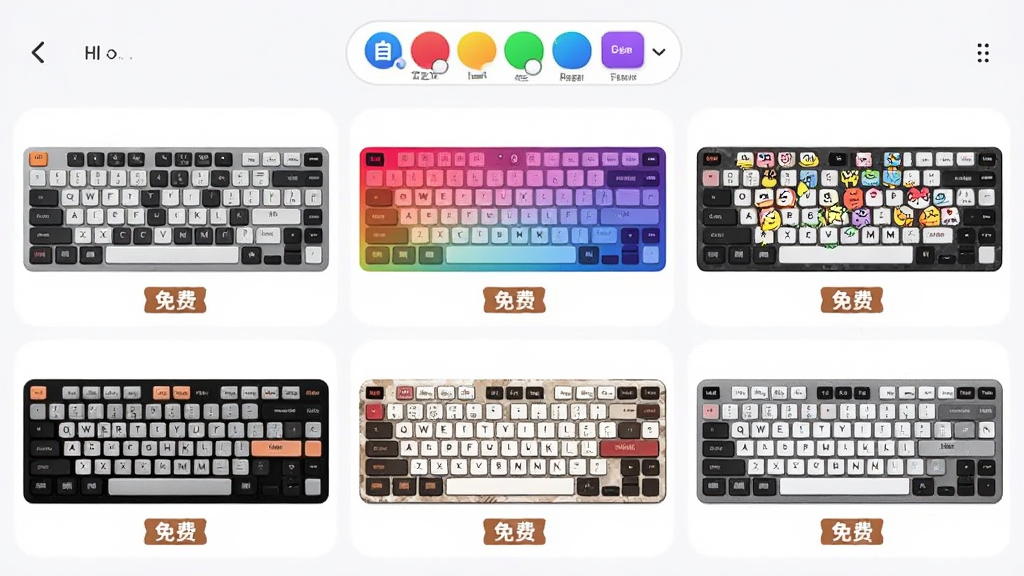 合拍键盘皮肤中心界面截图,画面中展示六款不同风格的键盘皮肤预览图,包括纯色、渐变、卡通图案等样式,每款皮肤下方标注着免费标签,界面顶部有自定义配色选项,整体排版整齐,风格活泼明快,画质干净无多余装饰