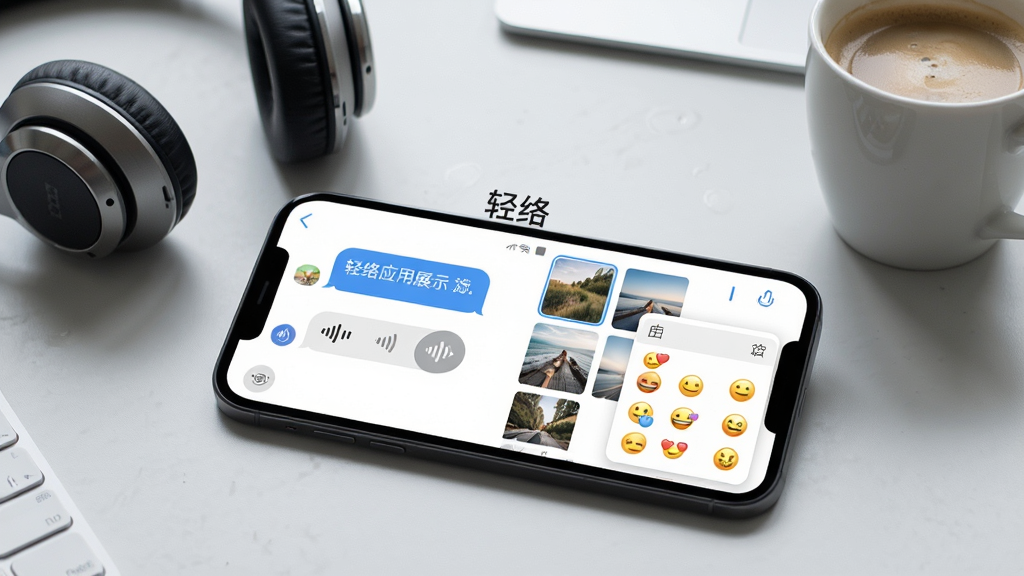 一张轻络应用功能展示图,画面中一部手机横放,屏幕显示聊天对话界面,左侧有文字气泡和语音条图标,右侧有图片缩略图和表情面板,界面顶部标注“轻络”字样,背景为浅灰色工作台桌面,旁边放着一副耳机和一杯咖啡,风格生活化写实,光线柔和,画质干净无多余元素