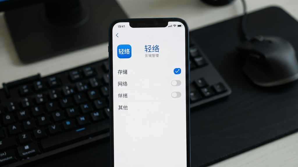 一张手机安全设置界面图,画面中手机屏幕显示轻络应用的权限管理页面,列表中仅勾选了存储和网络两项权限,其他权限均为关闭状态,界面配色为白底蓝字,顶部有“轻络”应用图标,背景为深色桌面搭配键盘和鼠标,风格科技简约,画质干净无多余元素