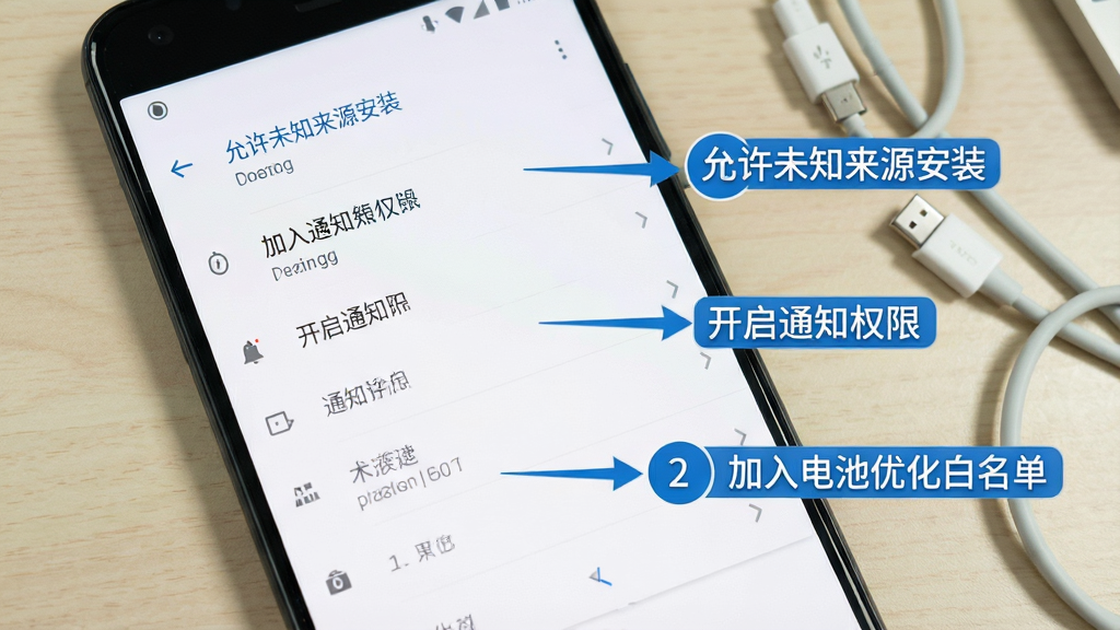 一张手机操作步骤示意图,画面中一部手机屏幕显示安卓系统设置界面,依次用箭头标注“允许未知来源安装”“开启通知权限”“加入电池优化白名单”三个步骤,界面为白底蓝字,步骤数字用圆形蓝色标签标注,背景为浅色桌面搭配数据线,风格教程图解,画质干净无多余元素