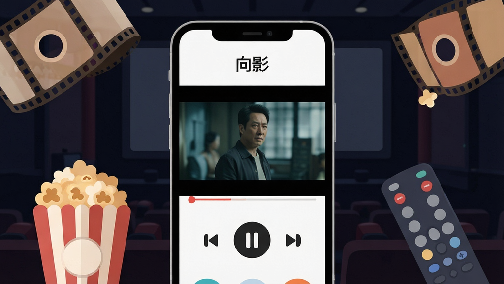 一张展示“向影”App播放器界面的全貌图,主体是手机屏幕显示正在播放的影视内容,屏幕中央有清晰的播放控制按钮,布局简洁,顶部有“向影”字样,背景是深色影院风格,周围环绕着电影胶片、爆米花、遥控器等元素,风格现代扁平化,细节圆润,画质干净清晰,无多余杂乱元素