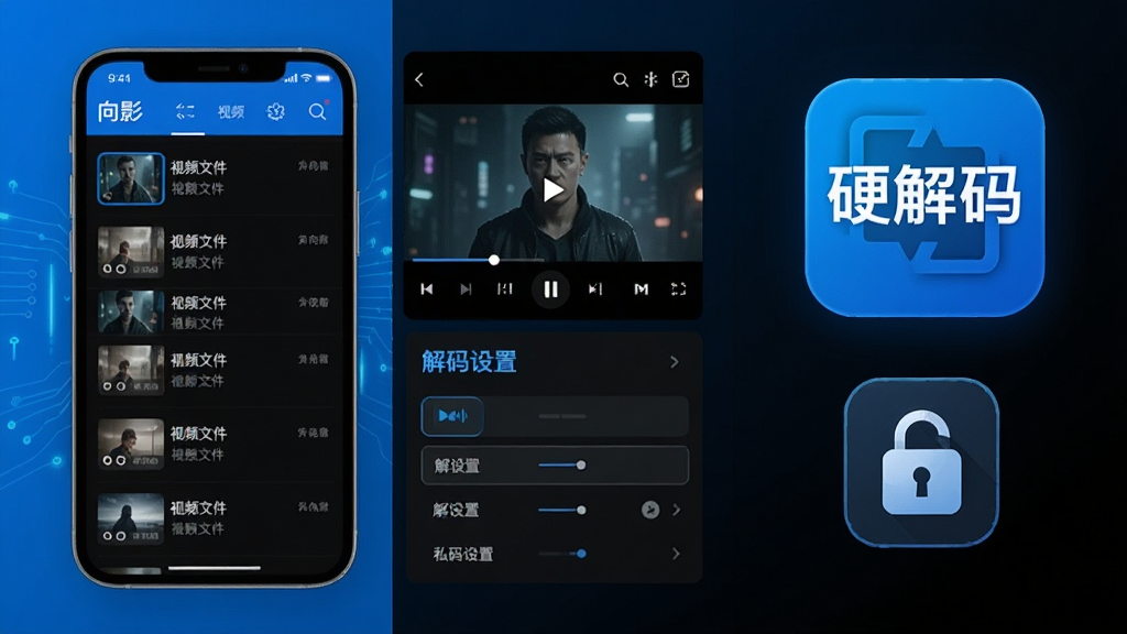一张“向影”App的功能展示图,画面中手机屏幕被分割成多个区域,分别展示视频文件列表、播放界面、解码设置选项,屏幕旁边有一个醒目的“硬解码”图标和一个锁形图标代表私密空间,整体风格科技感十足但保持简洁,色彩以蓝黑为主,画质干净,无多余元素