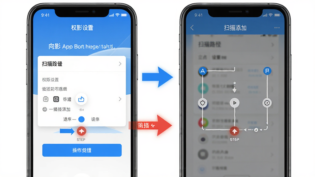 一张“向影”App的操作指引示意图,画面中手机屏幕显示权限设置界面和扫描路径添加界面,旁边有箭头指引,用蓝色和红色标注出关键操作步骤,风格说明性强,布局清晰,画质干净,无多余元素