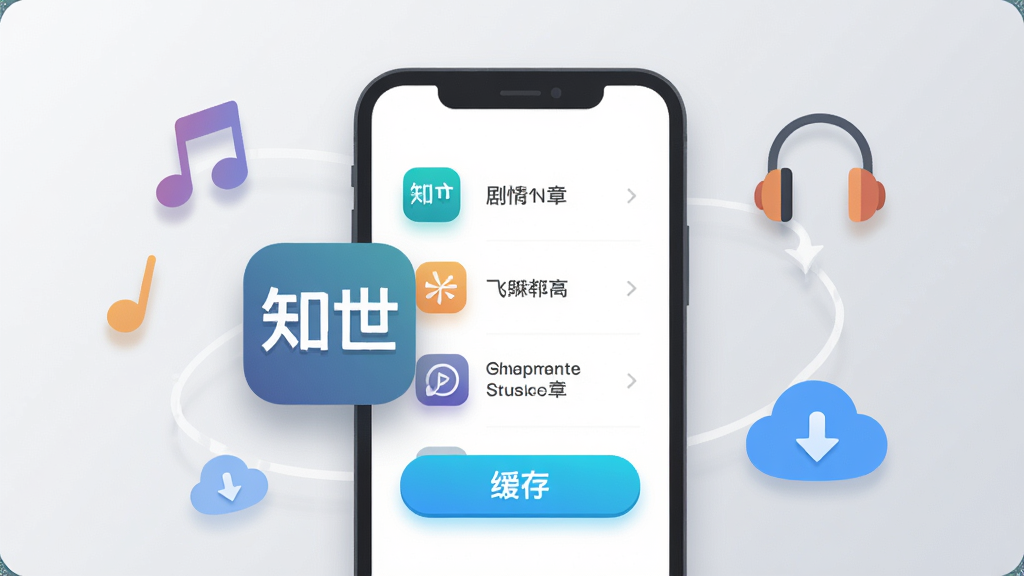扁平化信息图风格,主体为“知世”软件图标与手机模型组合,布局为手机屏幕内展示剧情章节列表与缓存按钮,周围环绕音乐音符、耳机、云朵下载图标,风格为现代UI设计展示图,细节包括图标投影柔和、按钮高亮状态清晰、背景为浅灰渐变,画质干净整洁无多余装饰