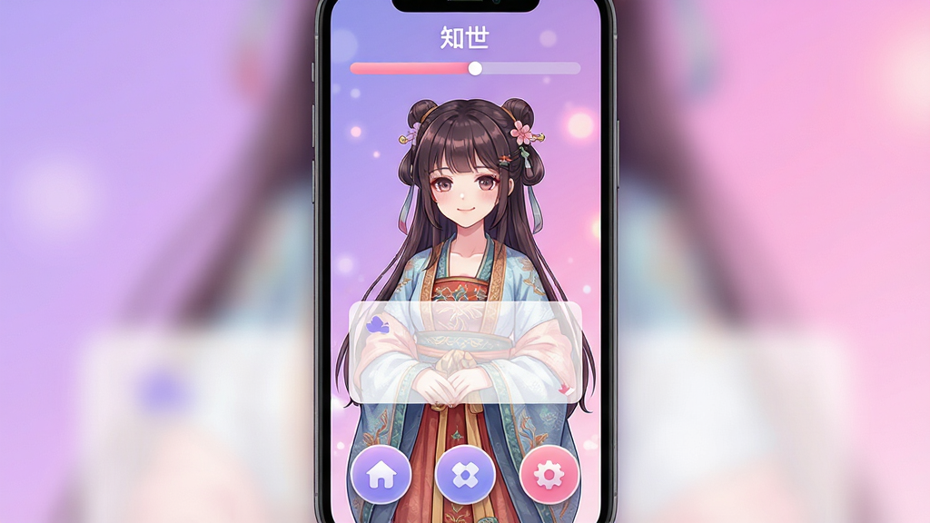 手机应用界面展示,主体为一位古风动漫风格少女角色立绘占据屏幕中央,背景是柔和渐变紫色与粉色光晕,画面布局为顶部显示软件名称“知世”与进度条,中部是角色对话选择框,底部为三个功能图标按钮,风格为清新二次元插画风,细节包括角色服饰纹理清晰、按钮圆角设计、光影柔和过渡,画质高清干净无多余元素