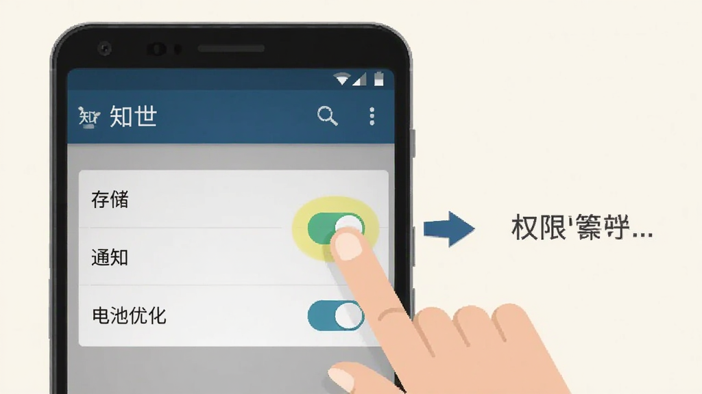 手机操作示意图,主体为安卓手机屏幕显示“知世”软件设置界面,布局为顶部标题“权限管理”下方列有存储、通知、电池优化三个开关项,右侧有箭头指示操作步骤,风格为扁平化教程插图,细节包括手指点击存储权限开关的高亮效果、界面文字清晰可读、背景为浅色,画质干净无多余元素