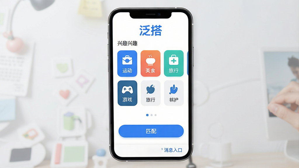һ���ֻ�Ӧ�ý���չʾͼ�����������ǡ������������ҳ��������ʾ�����Ʒ�Ʊ�ʶ���м���������Ȥ��ǩѡ��Ƭ�������˶�����ʳ�����С���Ϸ��ͼ�꣬�ײ�Ϊƥ�䰴ť����Ϣ��ڣ��������������ɫ�����ּ������������ִ���ƽ����ϸ��Բ�󣬻��ʸɾ����޶���Ԫ��