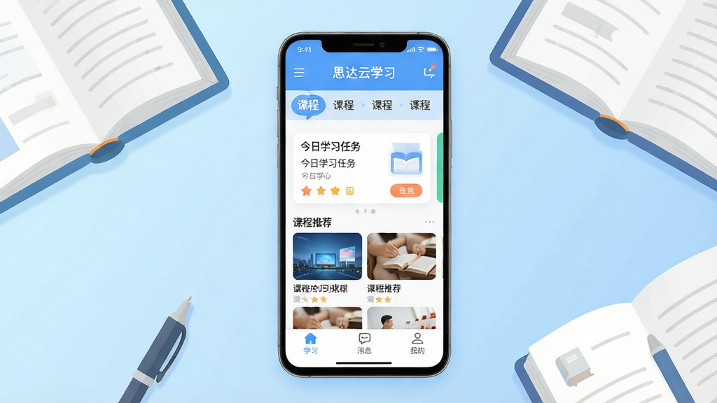 画面主体是一台竖屏安卓手机,手机屏幕中央展示“思达云学习”APP的主界面,顶部是课程分类导航栏,中间是今日学习任务卡片和课程推荐列表,底部是学习、消息、我的三个选项卡;手机周围散落着几本翻开的书本和一支笔,背景是浅蓝色渐变,风格清新扁平化,细节圆润,画质干净清晰,无多余元素