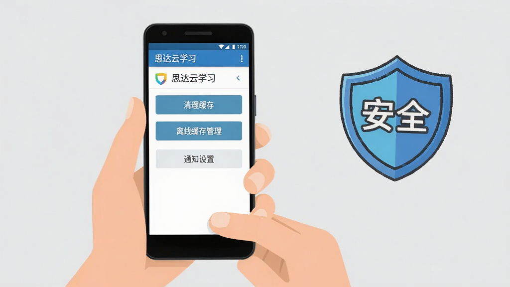 画面主体是一双手拿着安卓手机,屏幕显示“思达云学习”的设置界面,界面上有“清理缓存”“离线缓存管理”“通知设置”等选项按钮,旁边有一个卡通风格的盾牌图标上面写着“安全”二字;背景是浅灰色,风格简洁扁平,细节清晰,画质干净,无多余元素